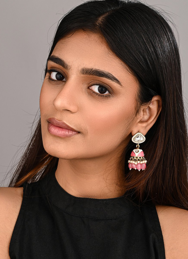 Royal Pink Meenakari Stone Pearl Jhumka Festive Wear