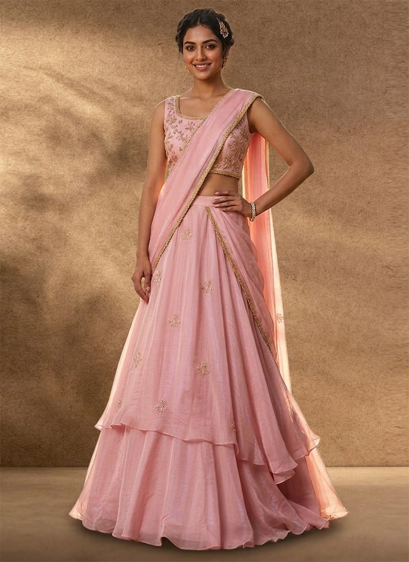 Royal Pink Organza Sequins Hand Embroidered Umbrella Lehenga Wedding Wear