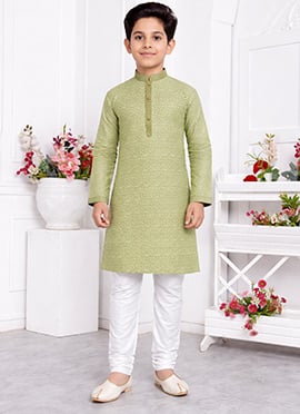 Royal Pista Green Jacquard Silk Brocade Kids Boys Kurta Pyjama