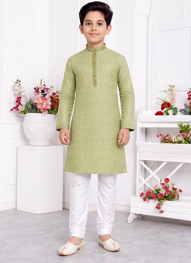 Royal Pista Green Jacquard Silk Brocade Kids Boys Kurta Pyjama Festive Wear