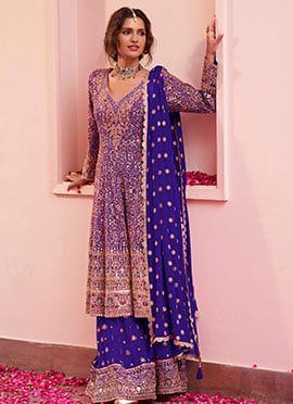 Royal Purple A Line Georgette Sequins Hand Embroidered Sharara Suit
