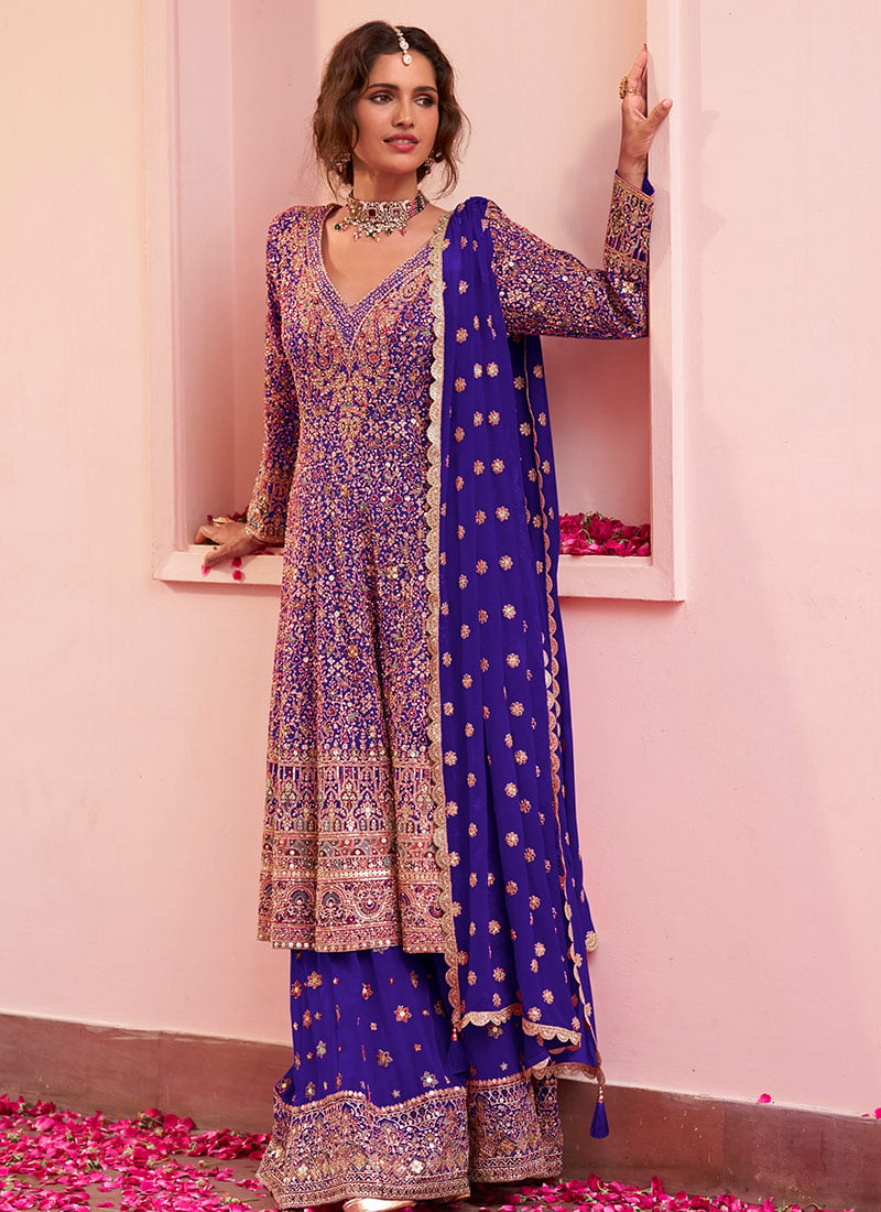 Royal Purple A Line Georgette Sequins Hand Embroidered Sharara Suit Wedding Wear