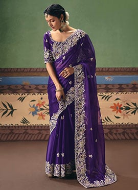 Royal Purple Art Silk Embroidered Sequins Stones Beads Saree