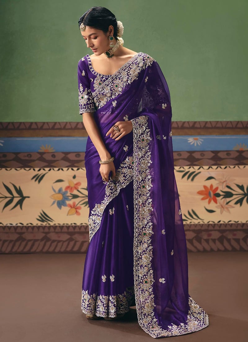 Royal Purple Art Silk Embroidered Sequins Stones Beads Saree Wedding Wear