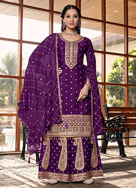 Royal Purple Chinnon Silk Designer Hand Embroidered Palazzo Suit
