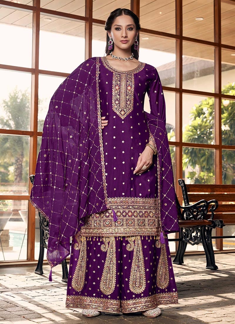Royal Purple Chinnon Silk Designer Hand Embroidered Palazzo Suit After Six Wear