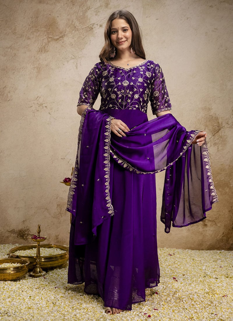 Royal Purple Chinon Heavy Thread Embroidery Work Anarkali Suit After Six Wear