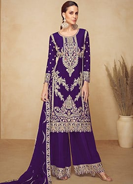 Royal Purple Chinon Zari Embroidered Sequins Palazzo Suit