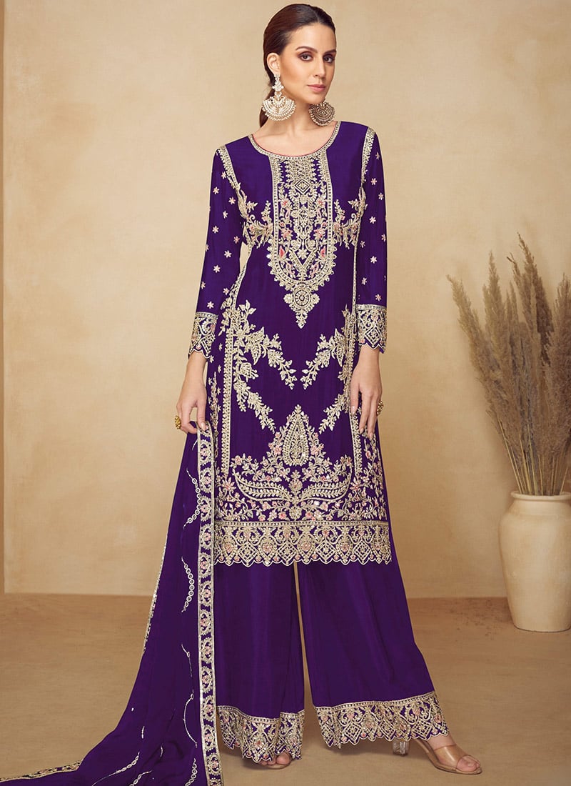 Royal Purple Chinon Zari Embroidered Sequins Palazzo Suit Festive Wear