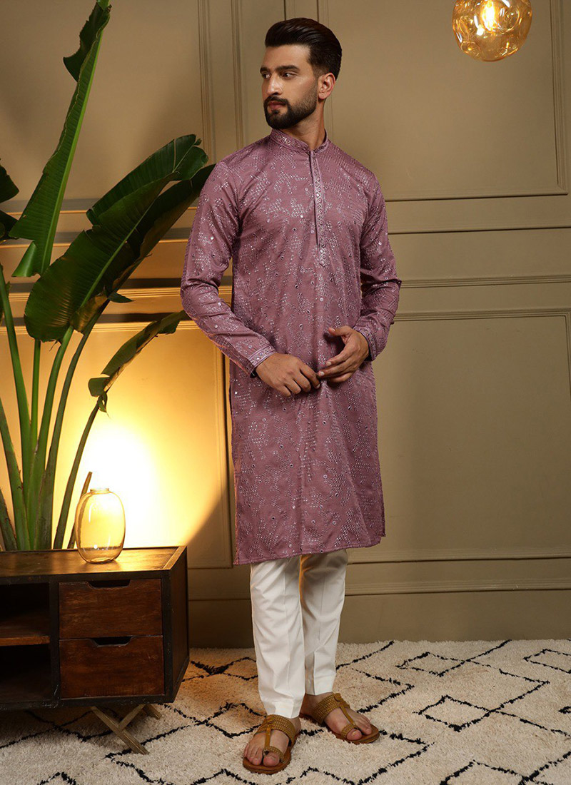 Royal Purple Cotton Silk Embroidered Sequins Kurta Pyjama Festive Wear