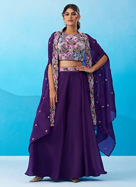 Royal Purple Crepe Embroidered Sequins With Beads Work Jacket Palazzo Crop Top Set