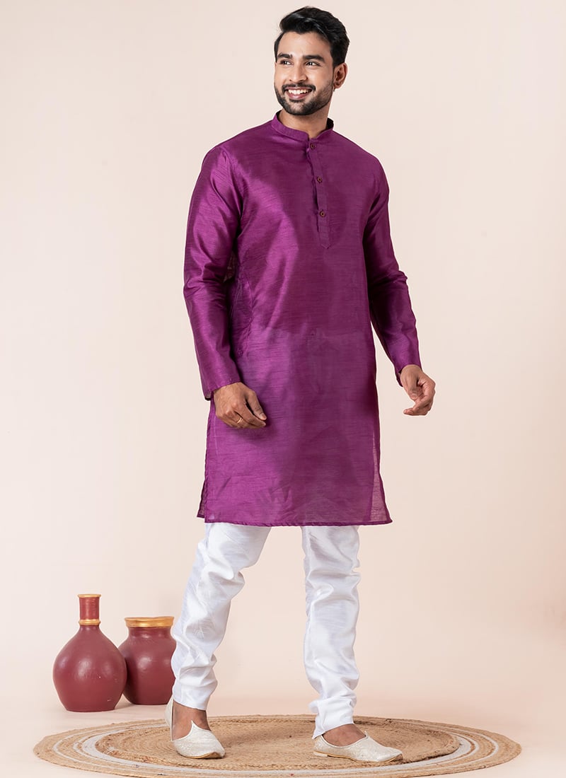 Royal Purple Dupion Silk Plain Kurta Pyjama Festive Wear