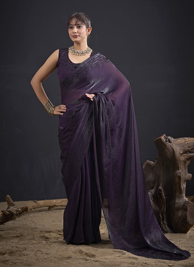 Royal Purple Fandy Satin Silk Two Tone Sequins Tikki Work Saree After Six Wear