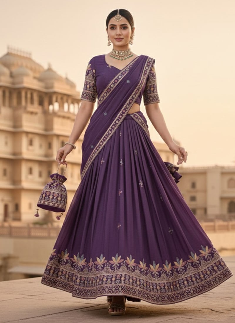 Royal Purple Georgette Embroidered Thread A Line Lehenga Wedding Wear