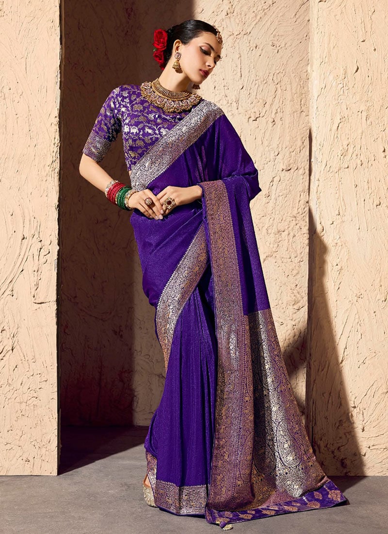 Royal Purple Georgette Zari Embroidered Saree Festive Wear