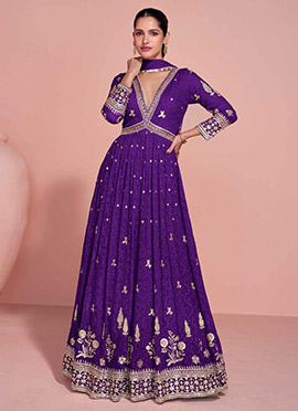Royal Purple Georgette Zari Embroidered Sequins Thread Anarkali Suit