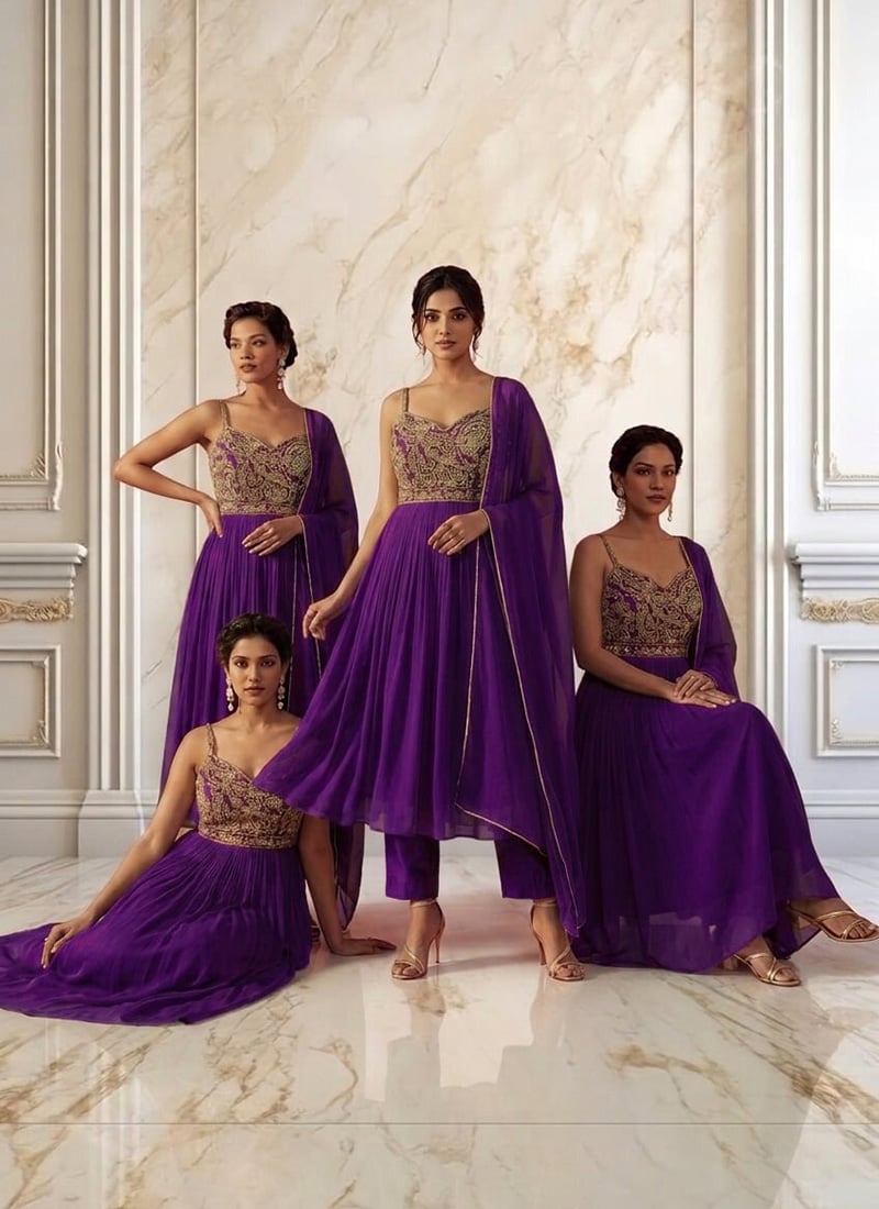 Royal Purple Georgette Zari Sequins Anarkali Suit Wedding Wear