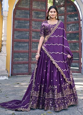Royal Purple Georgette Zari Sequins Resham Embroidered Umbrella Lehenga