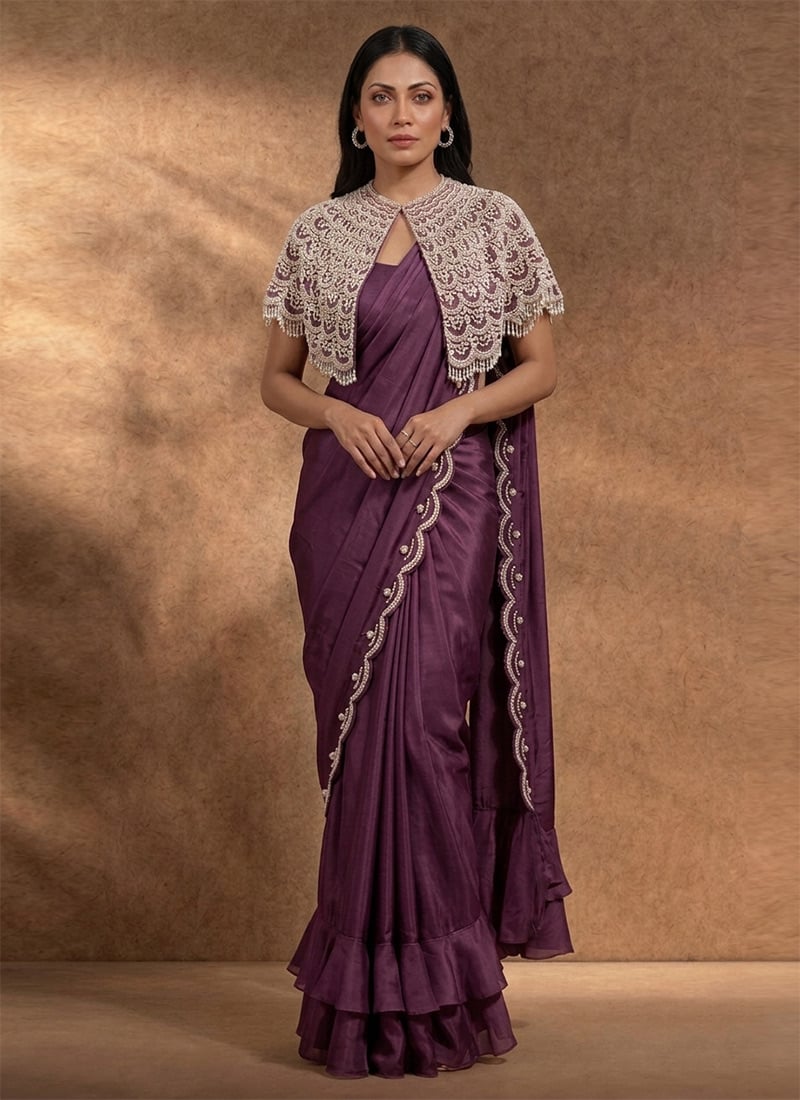 Royal Purple Net Sequins Hand Embroidered Beads Cutdana Saree Wedding Wear