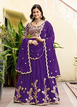 Royal Purple Rangoli Silk Embroidered Sequins Umbrella Lehenga