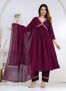 Royal Purple Rayon Zari Lace Work Anarkali Suit