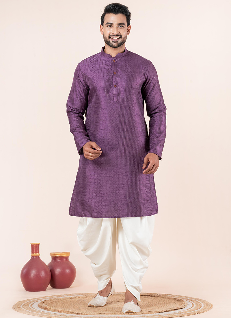 Royal Purple Silk Blend Embroidered Kurta Pyjama Festive Wear