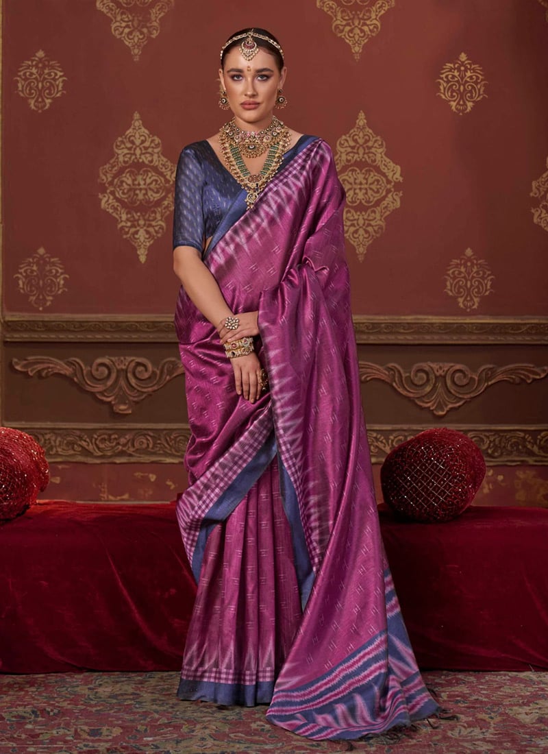 Royal Purple Silk Ikkat Print Saree Festive Wear