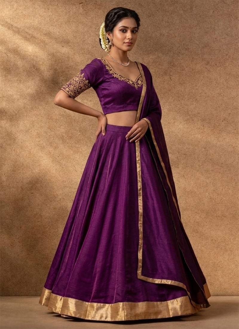 Royal Purple Silk Lehenga Set With Zari Hand Embroidery Wedding Wear