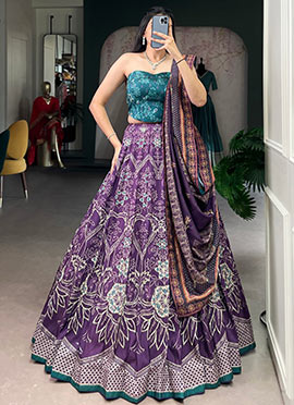 Royal Purple Silk Printed Beads Work and Gotta Patti Touch Up Umbrella Lehenga