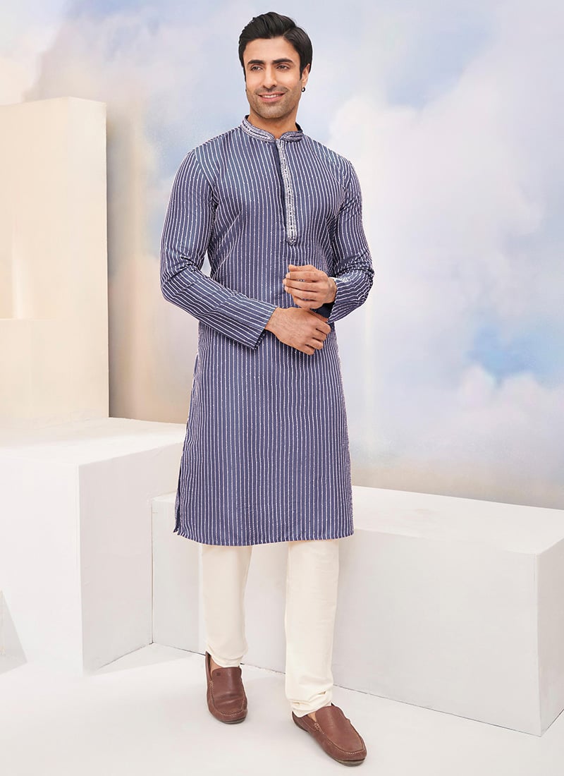 Royal Purple Silk Thread and Sequins Kurta Pyjama