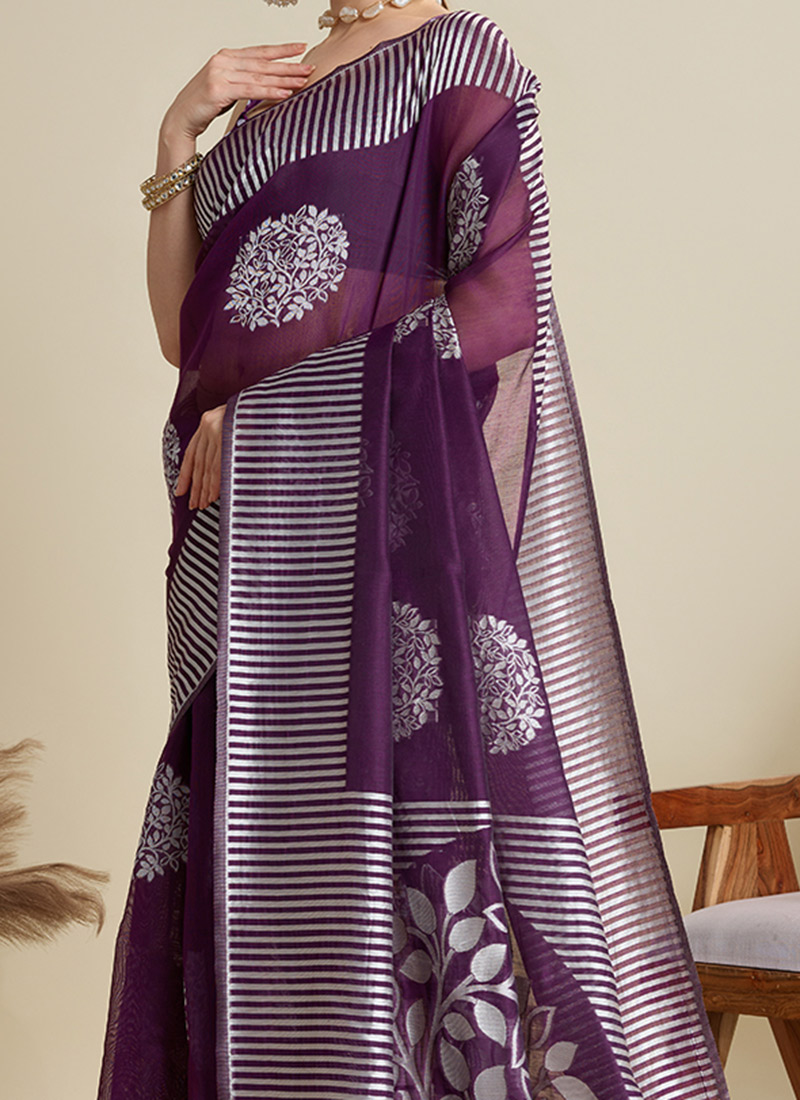 chiffon silk saree with antique zari-Purple main image 1