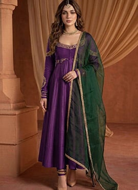Royal Purple Silk Zari Sequins Embroidered Anarkali Suit