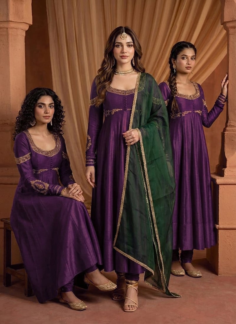Royal Purple Silk Zari Sequins Embroidered Anarkali Suit Festive Wear