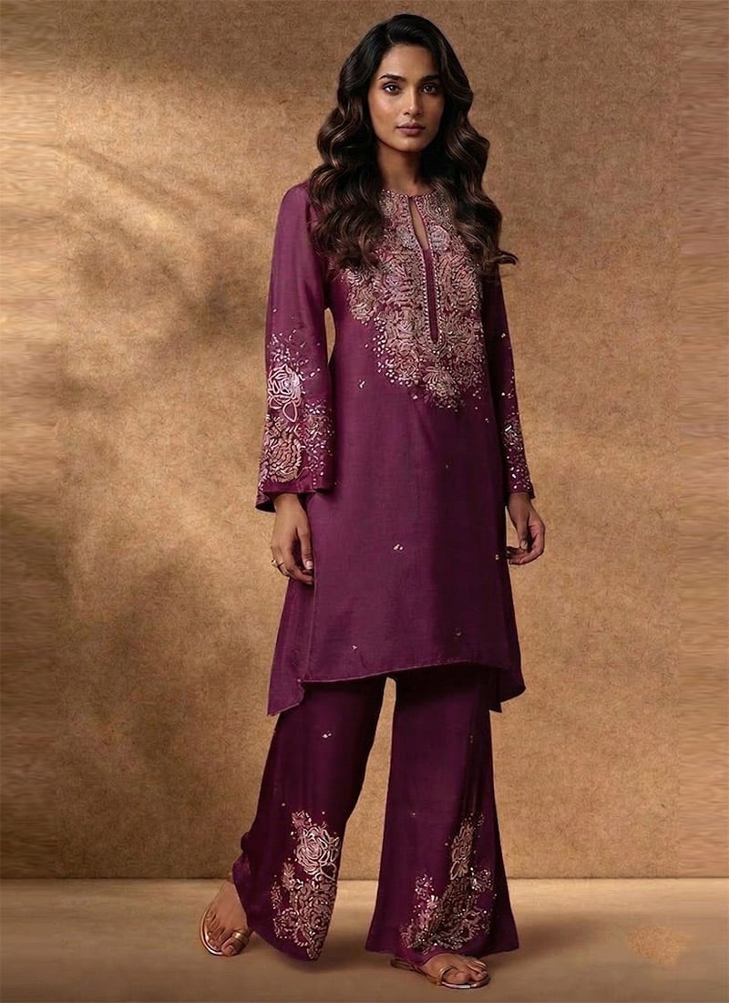 Royal Purple Silk Zari Stones Indowestern Set Wedding Wear