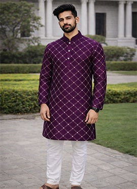 Royal Purple Soft Silk Sequins Embroidered Kurta Pyjama