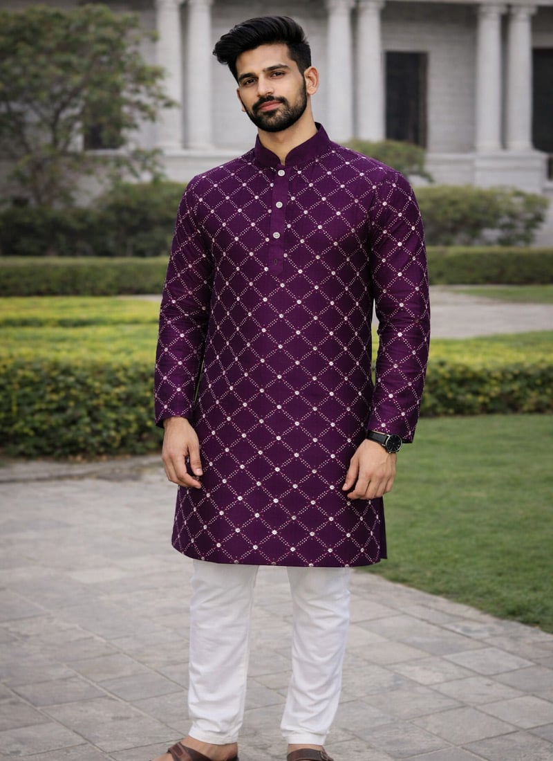 Royal Purple Soft Silk Sequins Embroidered Kurta Pyjama Festive Wear