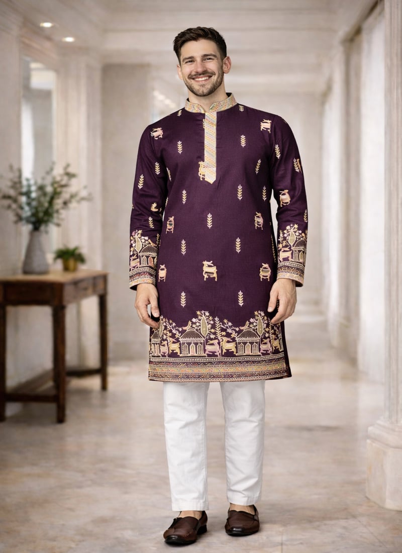 Royal Purple Soft Silk Thread Embroidered Kurta Pyjama Festive Wear