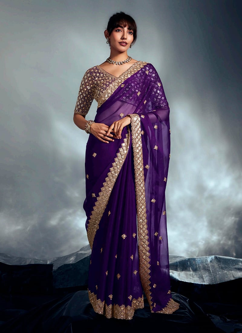 Royal Purple Tissue Moti Sequins Saree