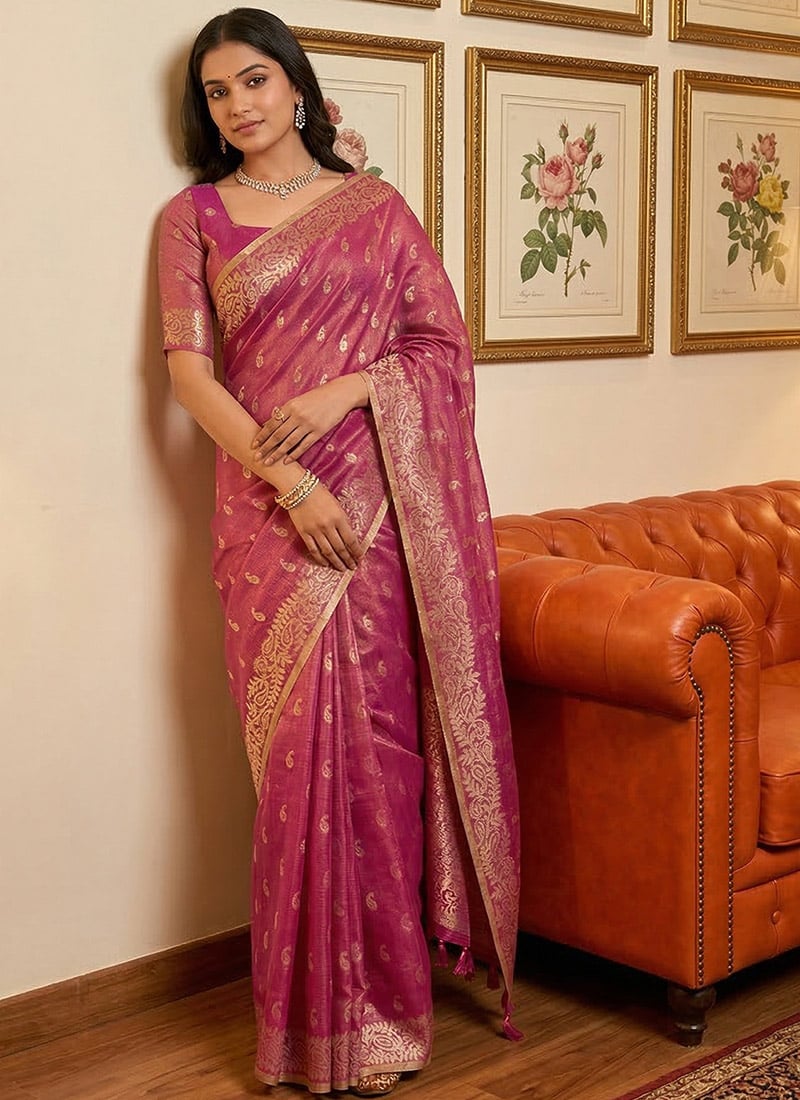 Royal Purple Tissue Silk Jacquard Woven Saree Festive Wear