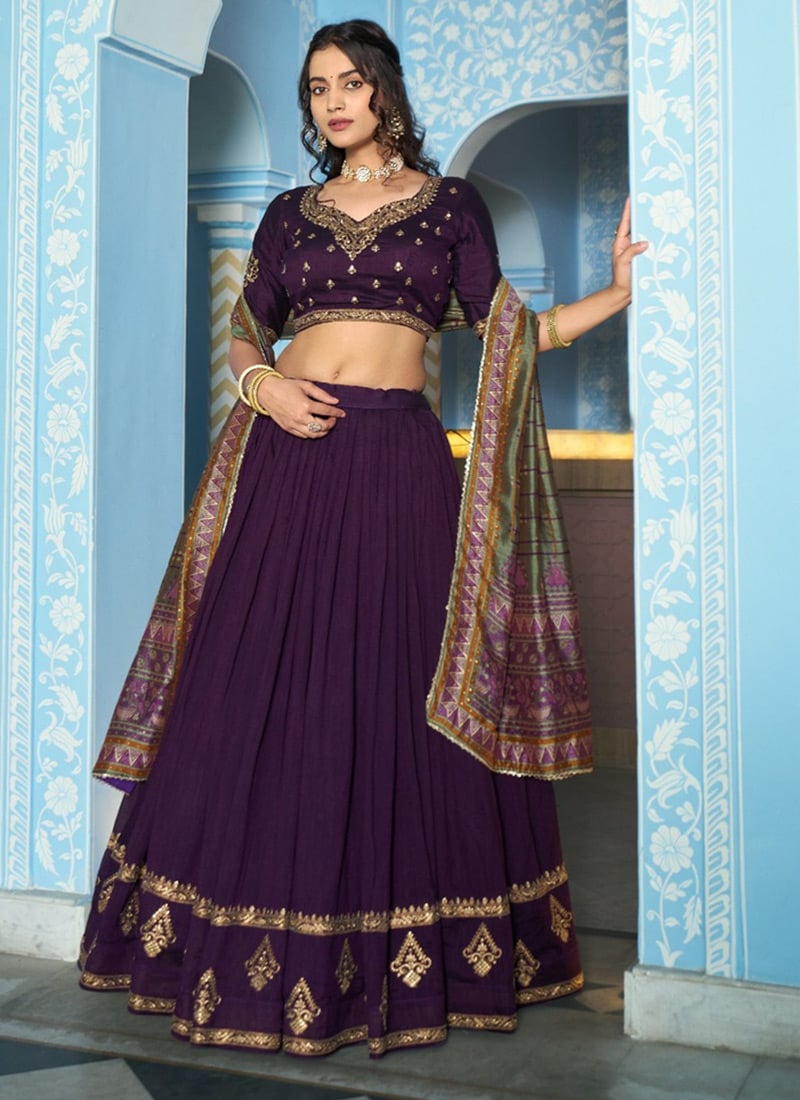 Royal Purple Vichitra Silk Sequins Embroidered Thread Umbrella Lehenga Wedding Wear