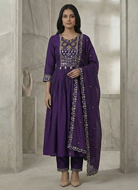 Royal Purple Viscose Roman Silk Embroidered Mirror Work Anarkali Suit