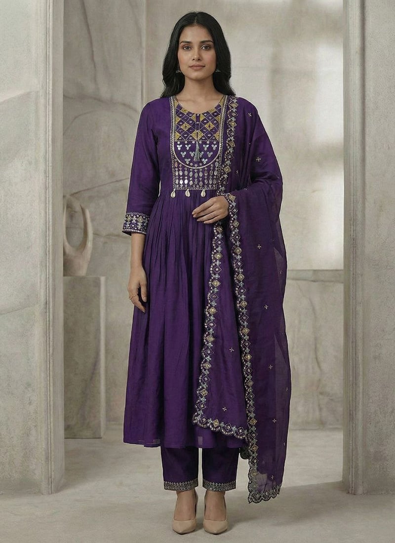 Royal Purple Viscose Roman Silk Embroidered Mirror Work Anarkali Suit Festive Wear