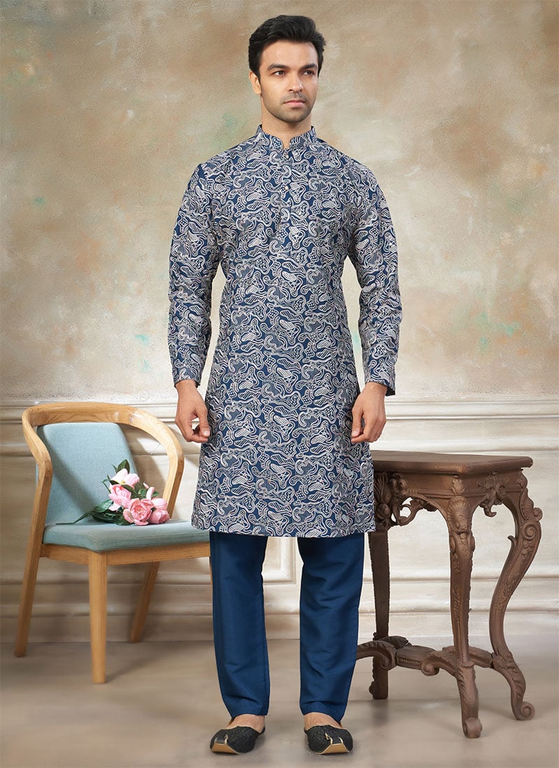 Royal Rama Blue Silk Thread Embroidered Kurta Pyjama Festive Wear