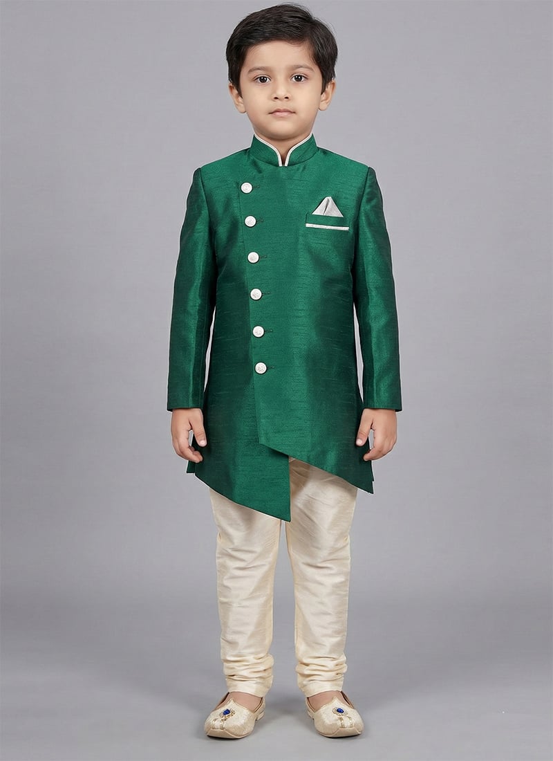 Royal Rama Green Dupion Silk Kids Boys Indowestern Sherwani Festive Wear
