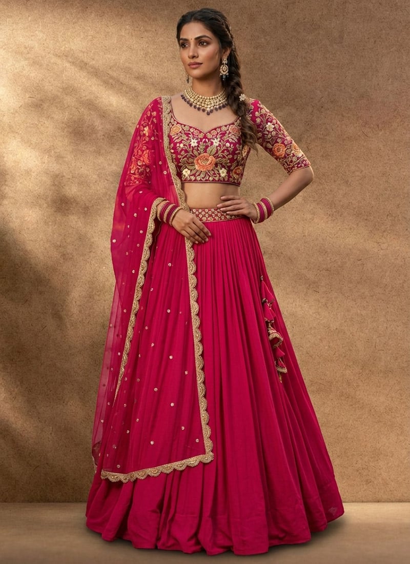 Royal Rani Pink Faux Georgette Resham Embroidered Umbrella Lehenga Wedding Wear