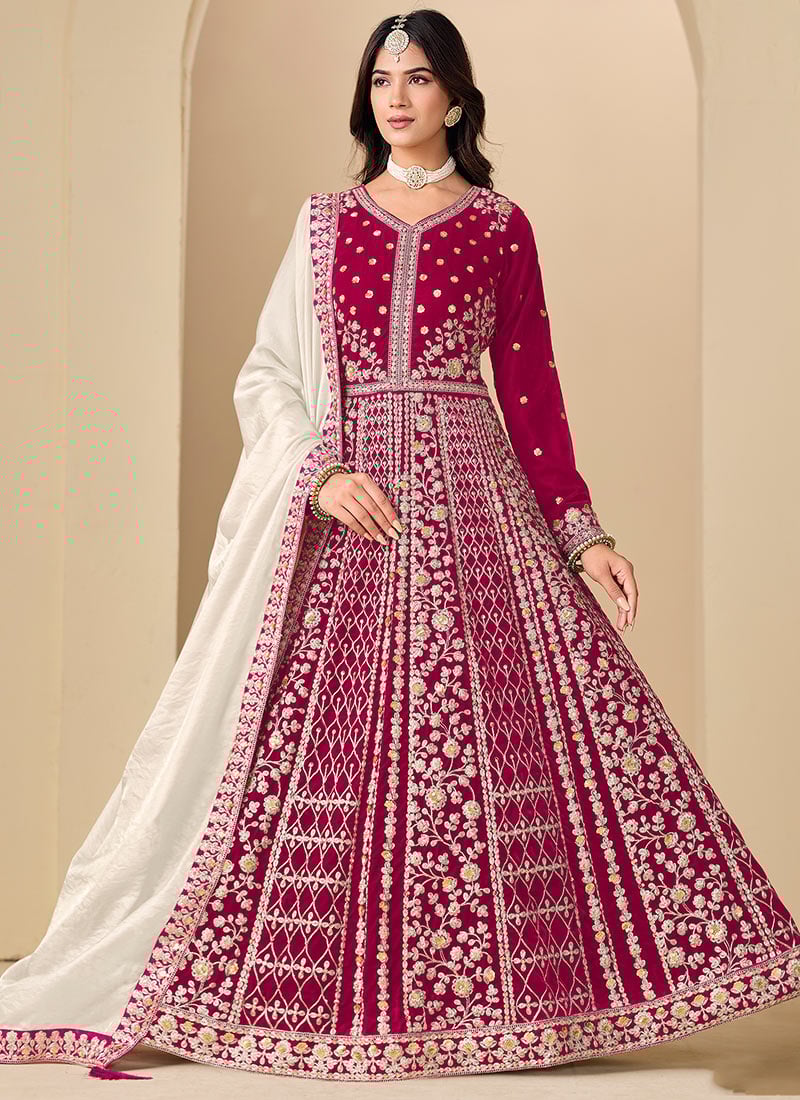 Royal Rani Pink Velvet Embroidered Sequins Zari Anarkali Suit Wedding Wear