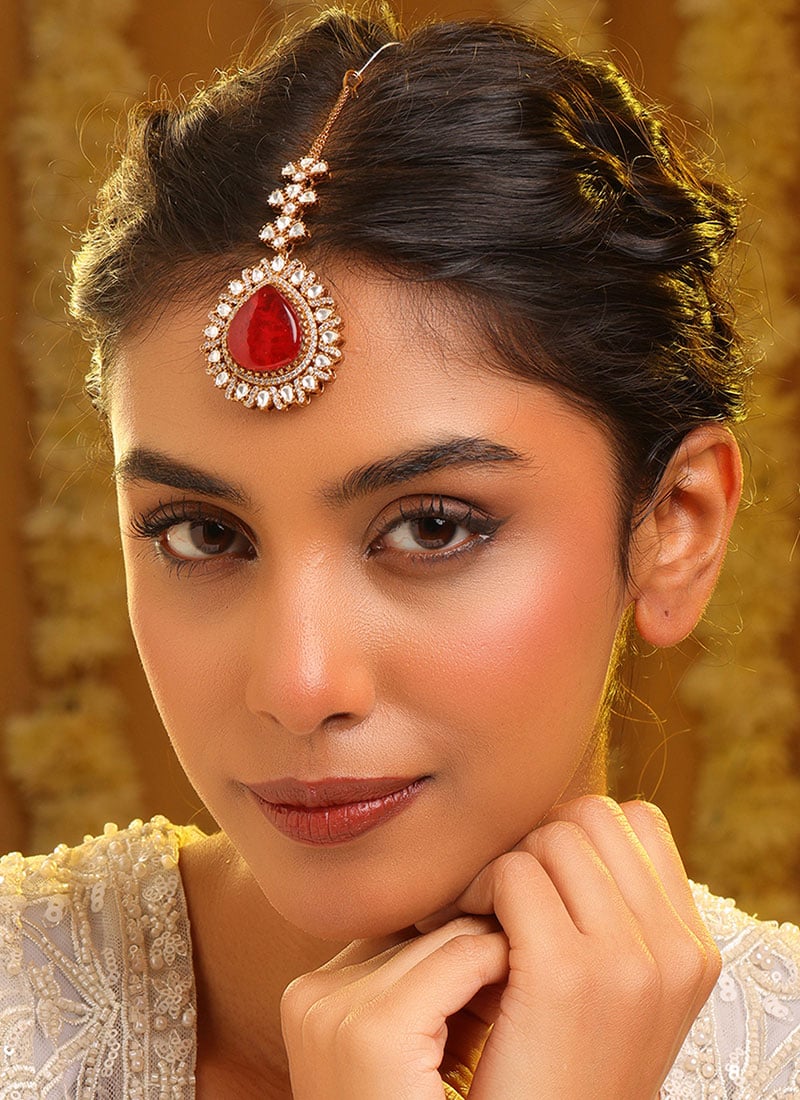 Royal Red Brass Kundan Stones Mangtikka Wedding Wear