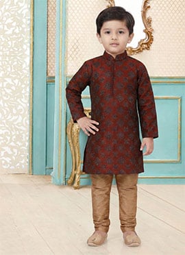 Royal Red Dupion Silk Embroidered Kids Boys Kurta Pyjama