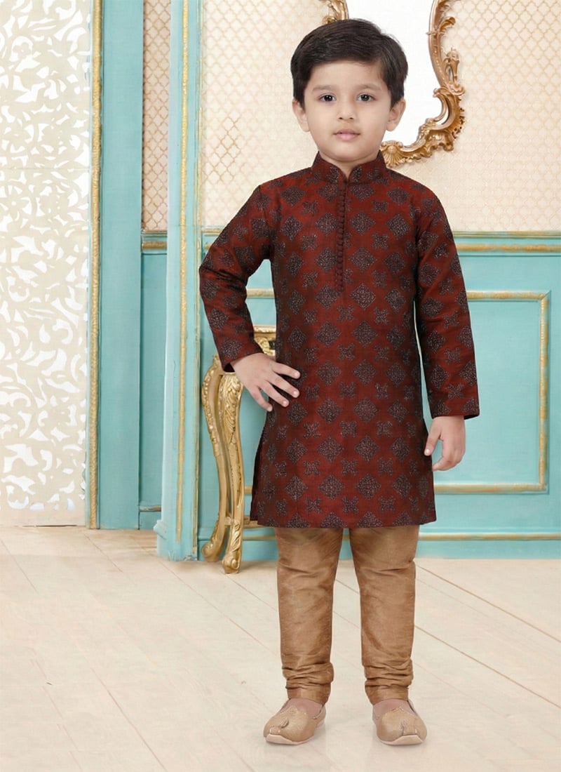 Royal Red Dupion Silk Embroidered Kids Boys Kurta Pyjama Festive Wear