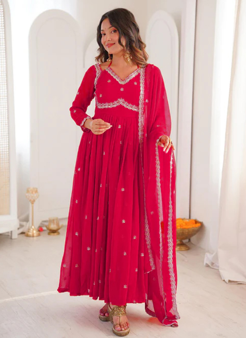 Royal Red Georgette Embroidered Anarkali Suit After Six Wear